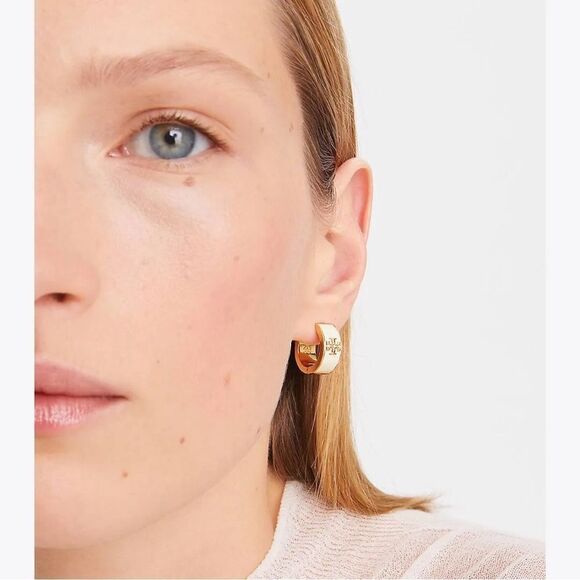 Gold Designer Inspired Tory White Enamel Hoop Earrings - Picture 1 of 9